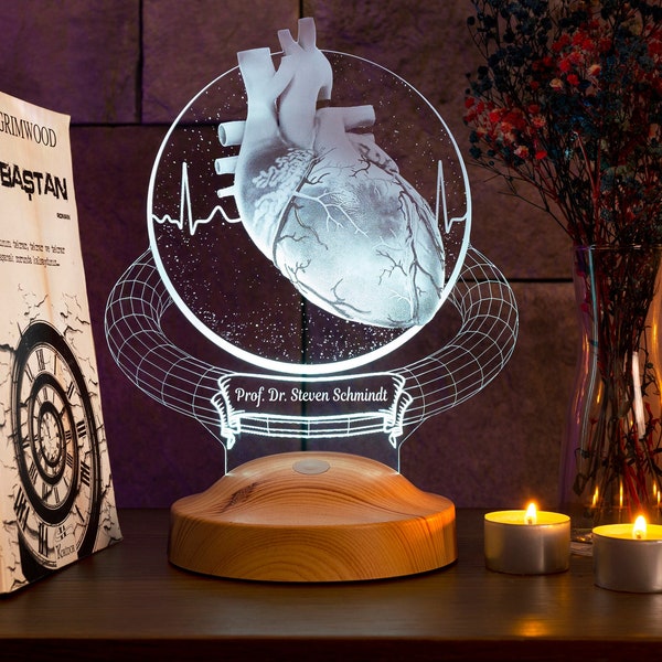 Lampe 3D personnalisée pour chirurgien cardiaque, cadeau cardiologue, cadeau unique pour médecin spécialiste du coeur, cadeaux personnalisés pour cardiologue, cardio-thoracique