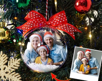 Custom Photo Christmas Ball Ornament, Big Transparent Bauble with Decorative Snow, Personalized Holiday Decor & Family Keepsake, Xmas Gift
