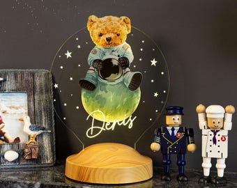 Personalized Teddy Bear Astronaut LED Night Light, Custom Nursery Decor