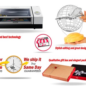Op de afbeelding: Een witte en zwarte printer met de tekst "Roland". De afbeelding toont ook een wereldbol met een vliegtuigontwerp, een houten object en geschenkdozen. De tekst bevat "Latest and best technology" en "Stylish editing and great design".