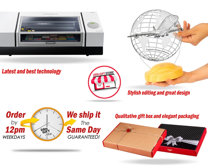 Op de afbeelding: Een witte en zwarte printer met de tekst "Roland". De afbeelding toont ook een wereldbol met een vliegtuigontwerp, een houten object en geschenkdozen. De tekst bevat "Latest and best technology" en "Stylish editing and great design".