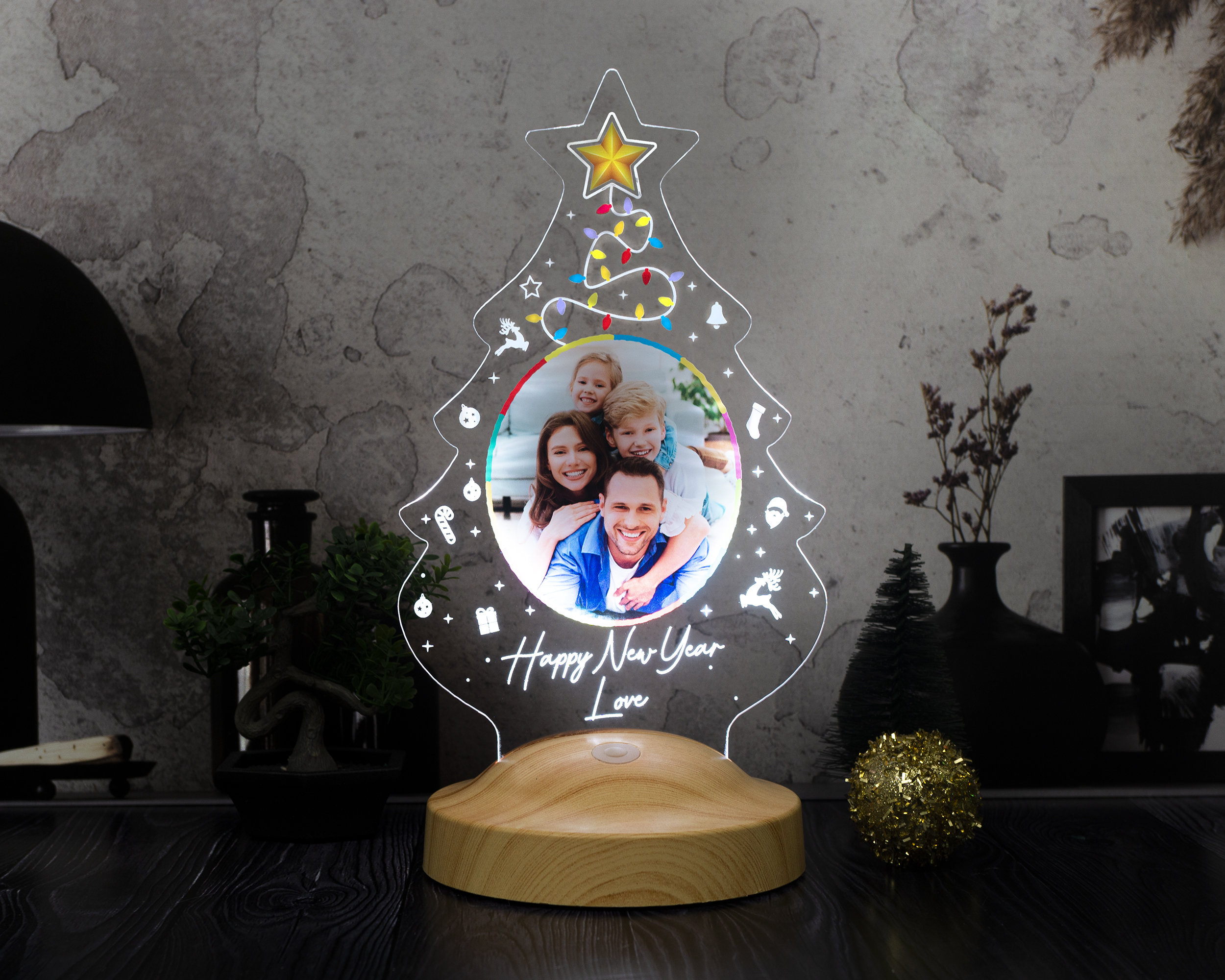 Personalized Christmas Tree Night Light - Christmas Gift with Photo and Text - Custom Photo Lamp for Family and Friends
