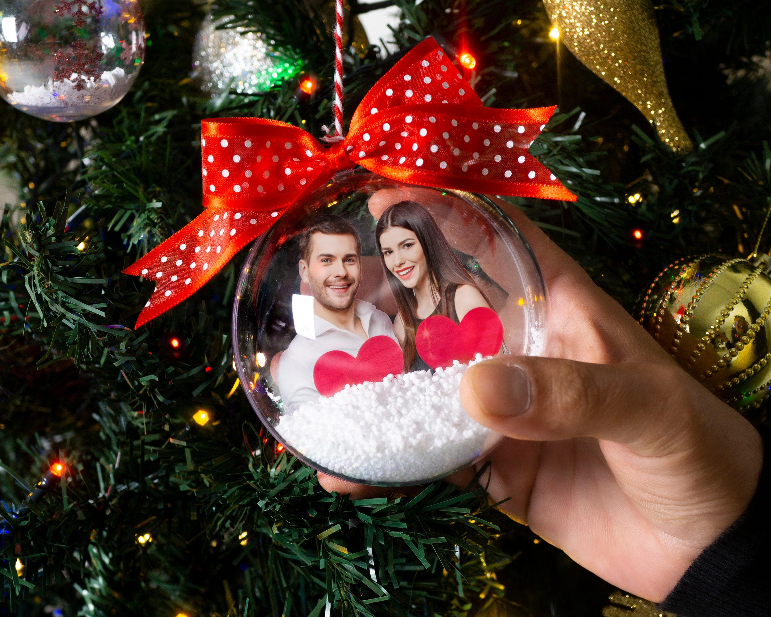 Custom Photo Christmas Ball Ornament, Big Transparent Bauble with Decorative Snow, Personalized Holiday Decor & Family Keepsake, Xmas Gift