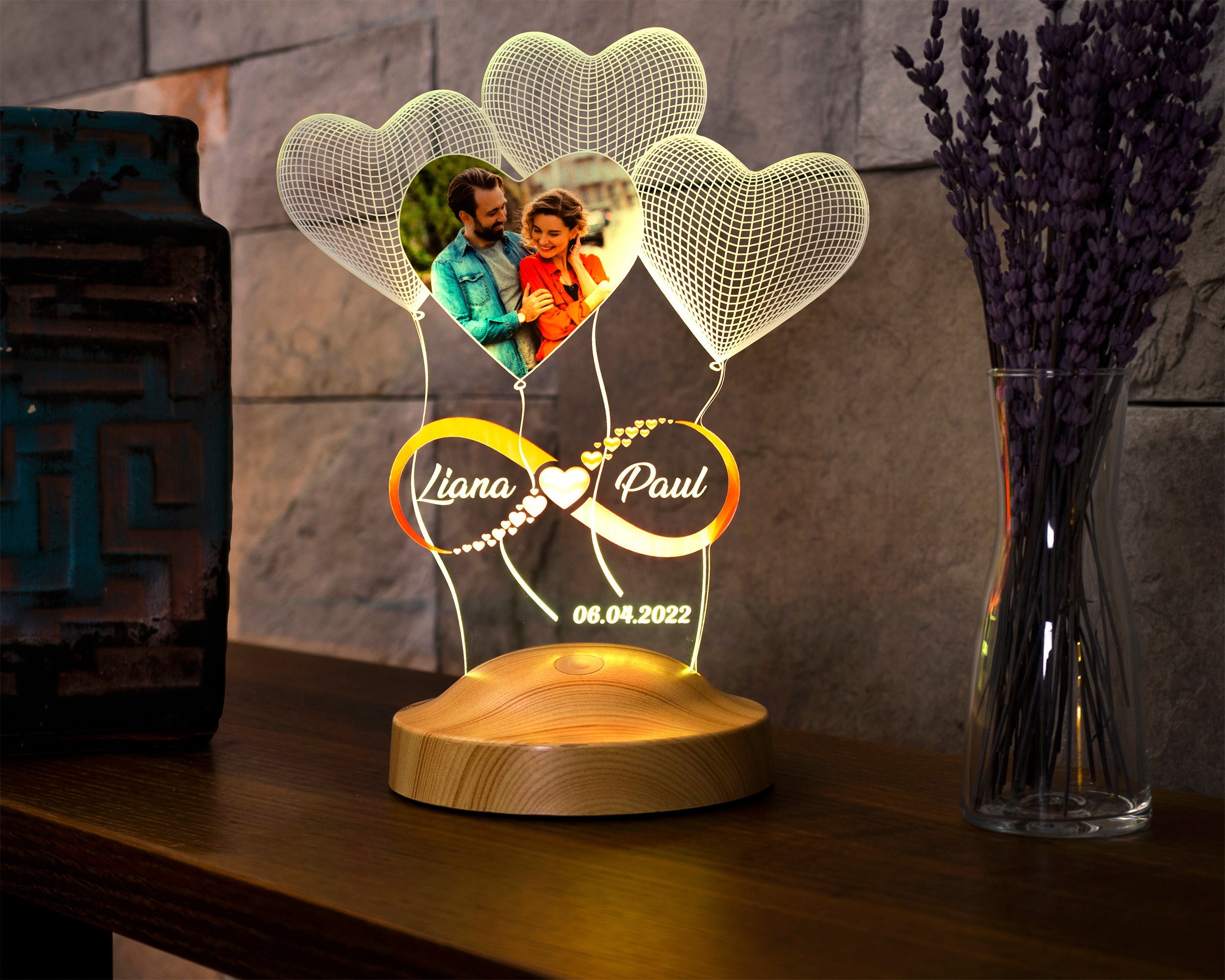 Veilleuse en acrylique avec photo et nom personnalisés, cadeau de fête des  mères pour maman, base en bois personnalisée, lampe de nuit 3D avec votre