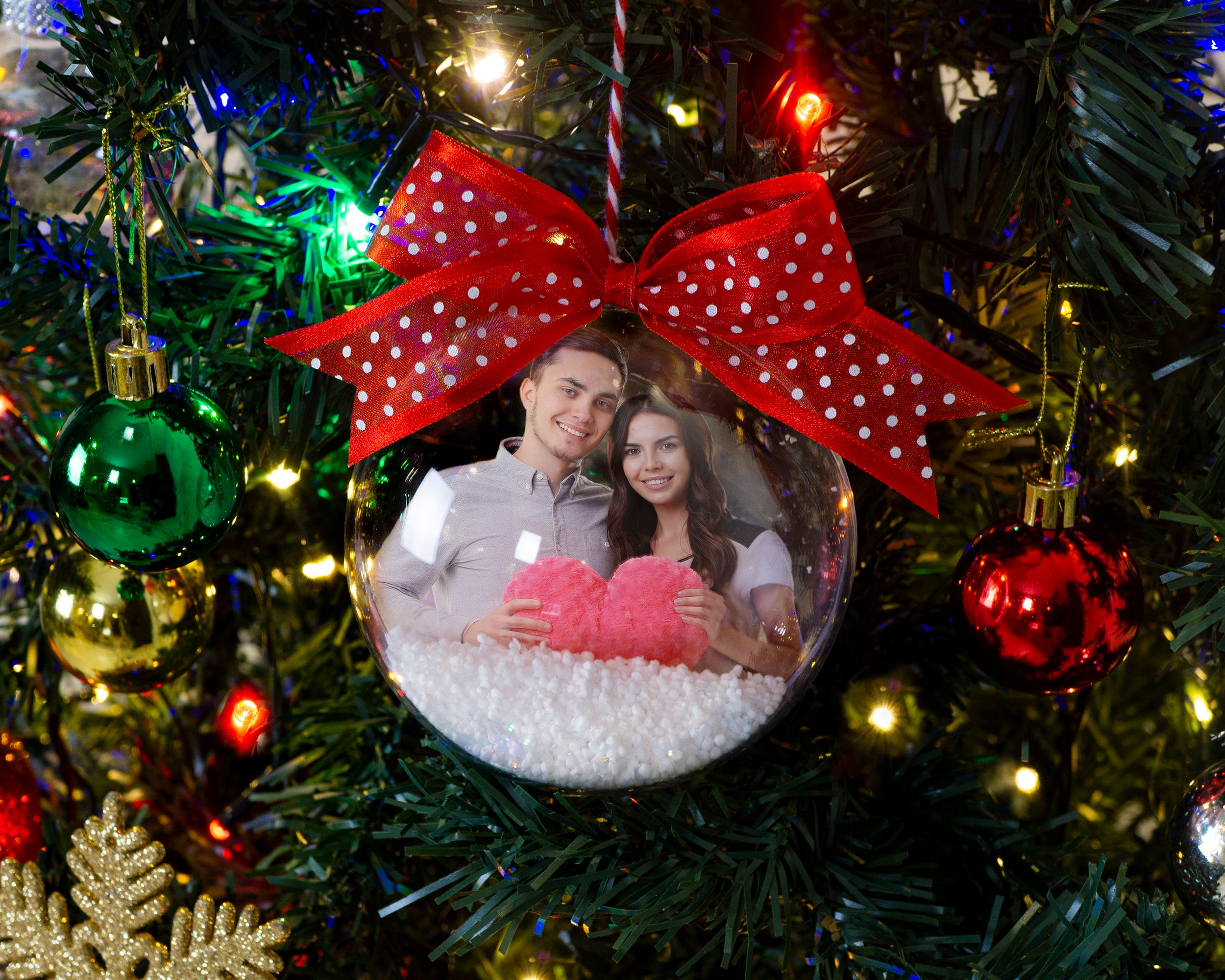 Custom Photo Christmas Ball Ornament, Big Transparent Bauble with Decorative Snow, Personalized Holiday Decor & Family Keepsake, Xmas Gift