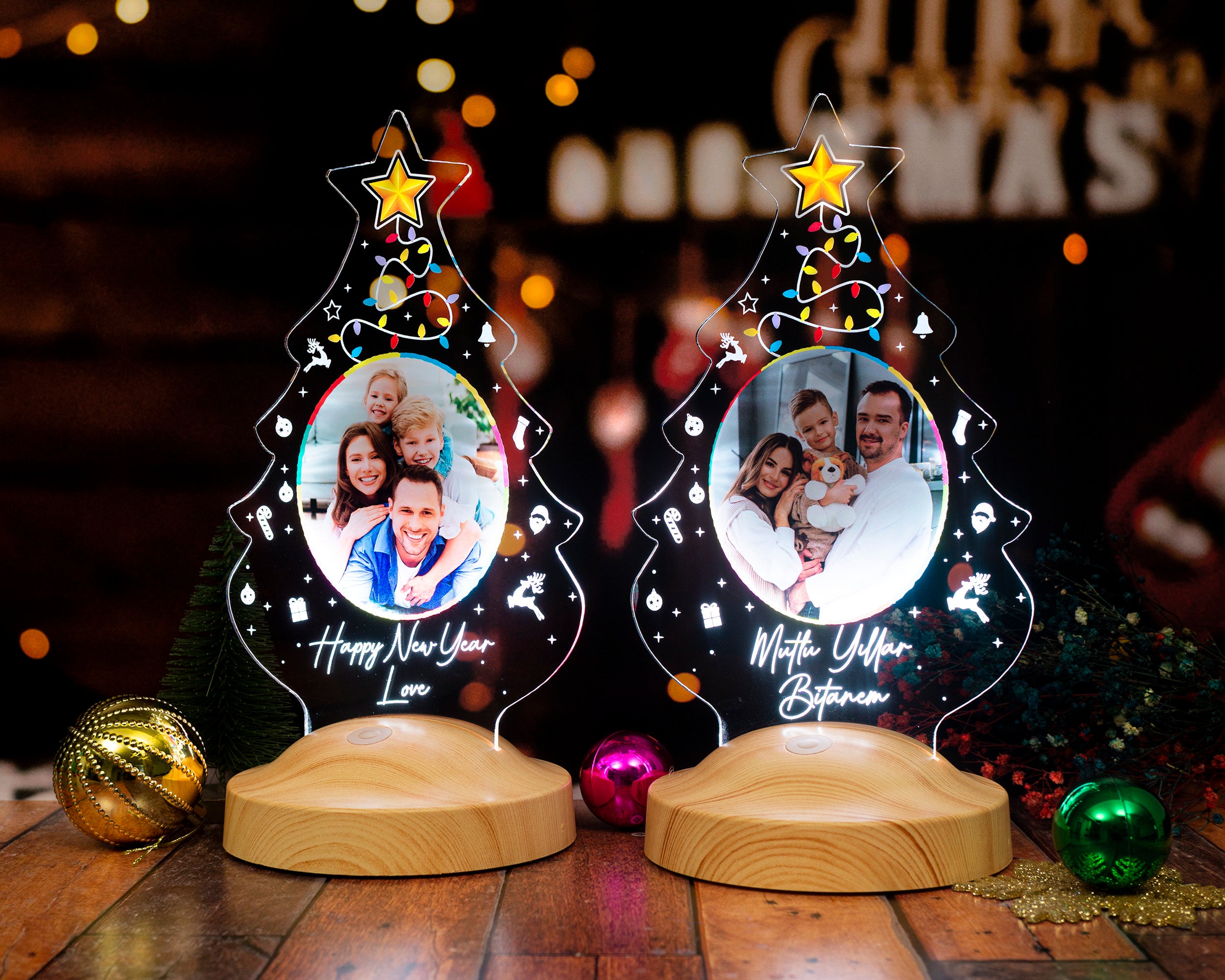 Personalized Christmas Tree Night Light - Christmas Gift with Photo and Text - Custom Photo Lamp for Family and Friends