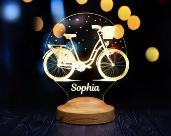 Luz nocturna de bicicleta vintage, regalos de ciclismo para mujeres, lámpara personalizada con nombre, regalo personalizado para amantes de las bicicletas, decoración retro para tienda de bicicletas