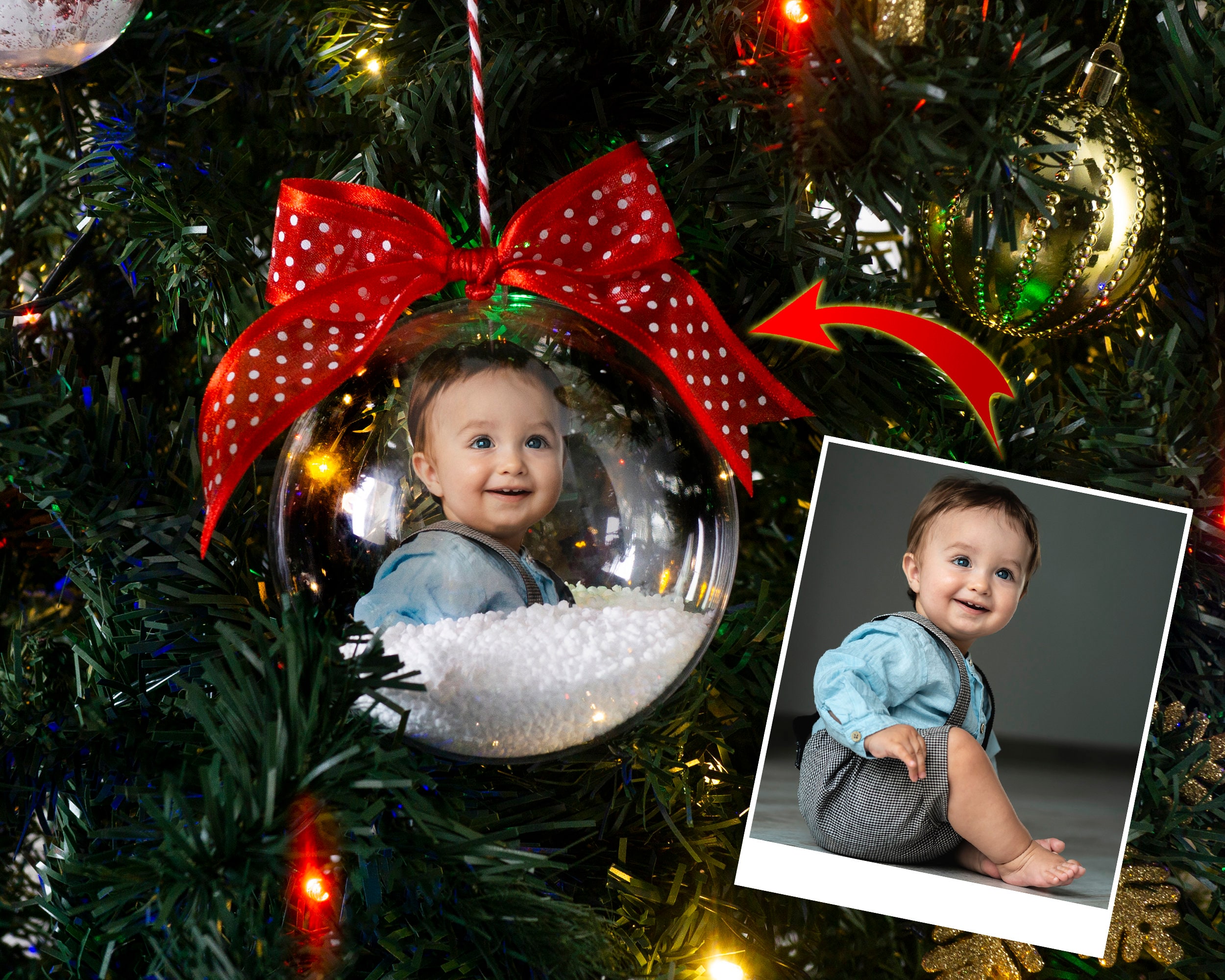Custom Photo Christmas Ball Ornament, Big Transparent Bauble with Decorative Snow, Personalized Holiday Decor & Family Keepsake, Xmas Gift