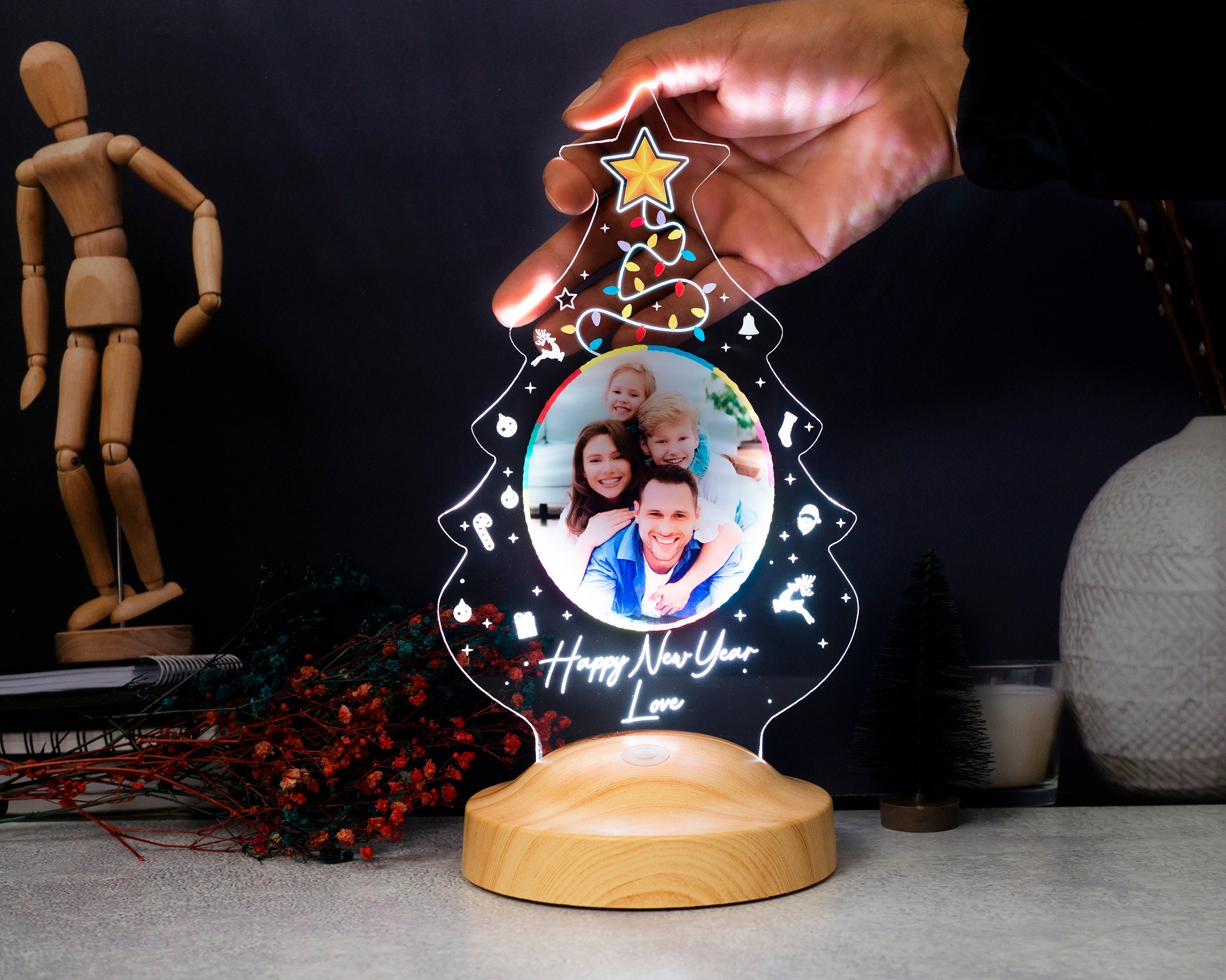 Personalized Christmas Tree Night Light - Christmas Gift with Photo and Text - Custom Photo Lamp for Family and Friends