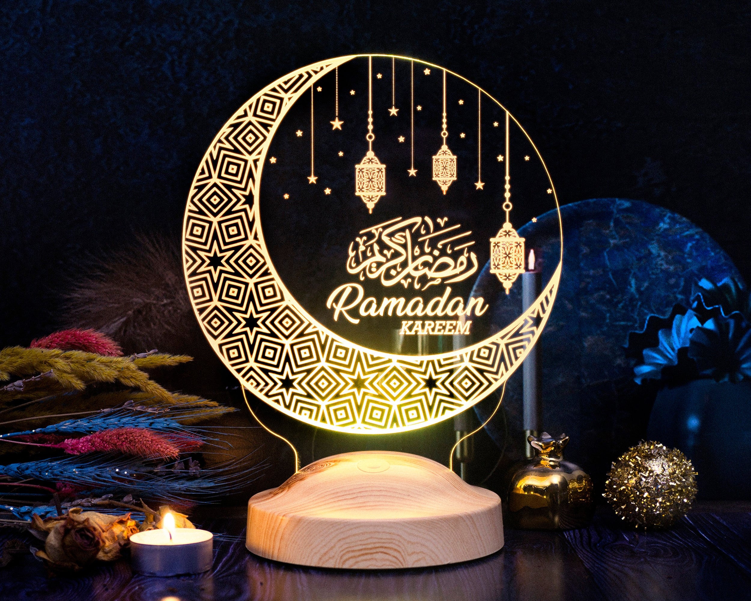 Eid Ramadan , Wood ,Battery Operated ,Decorative Table Lamp for garden and  home and indoor and outdoor Lighting Decoration - B B