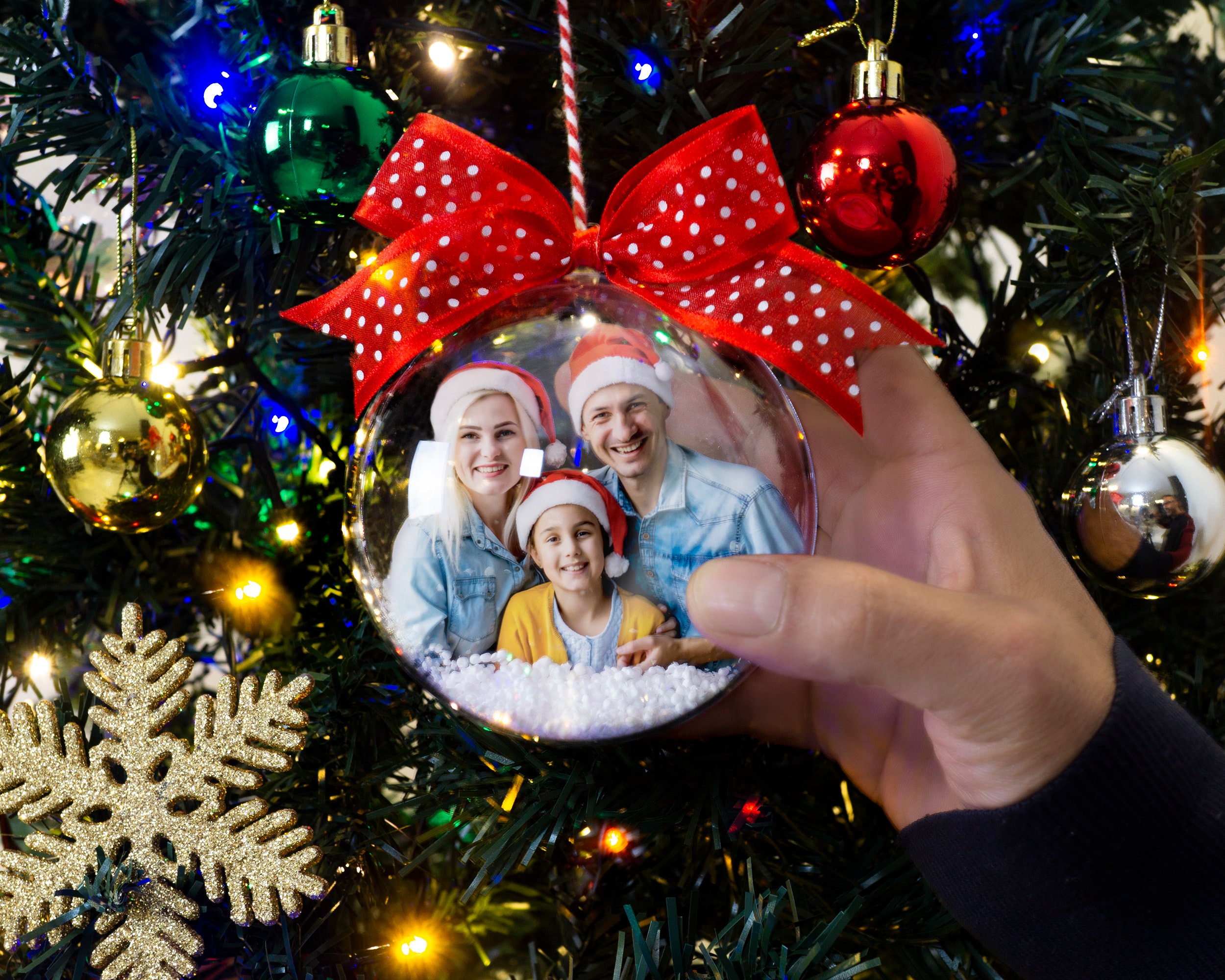 Custom Photo Christmas Ball Ornament, Big Transparent Bauble with Decorative Snow, Personalized Holiday Decor & Family Keepsake, Xmas Gift