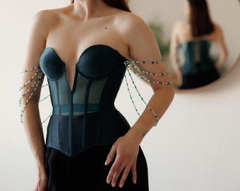 Emerald mesh Corset with satin Cups and V-Neckline, Transparent Mesh Corset, Custom Corset