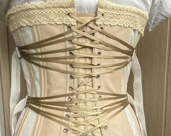 Ivory Mesh Renaissance Corset, Beige Tunnels, Fan Laced Midbust