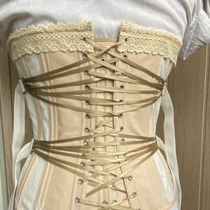 Midbust corset with Fan Lacing and busk, Ivory Mesh Renaissance Corset with Contrasting Beige Tunnels, Satin Embroidery, Vintage Corset