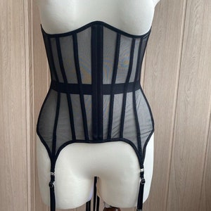 Tight black mesh corset with suspenders, custom waist training corset