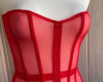 Overbust transparent red corset with zipper, mesh custom corset