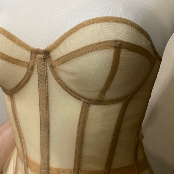 Corset beige foncé transparent avec bonnets, corset en résille transparent, corset personnalisé