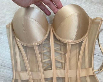 Dark Beige Cotton Corset Top, Satin Cups, Push Up, Waist Training