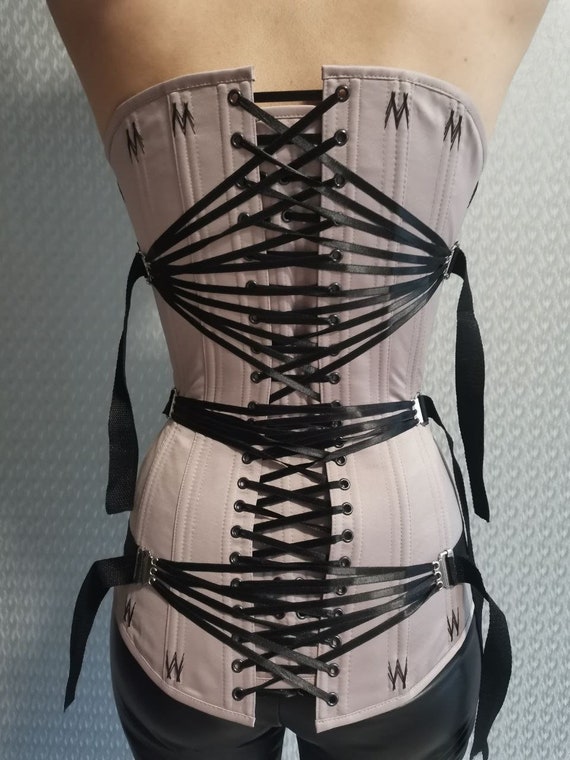 Satin Overbust Corset With Tight Lacing and Busk, Embroidered