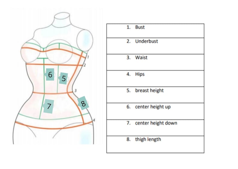 May include: Diagram of a mannequin with measurement lines and labels. The diagram includes measurements for bust, underbust, waist, hips, breast height, center height up, center height down, and thigh length.
