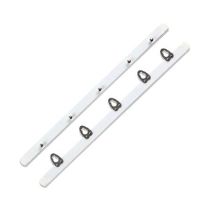 May include: Two white picture hanging rails with metal hardware. Each rail has small silver-colored rivets and metal keyhole hangers for mounting. The rails are designed to hold framed artwork or other wall decor.