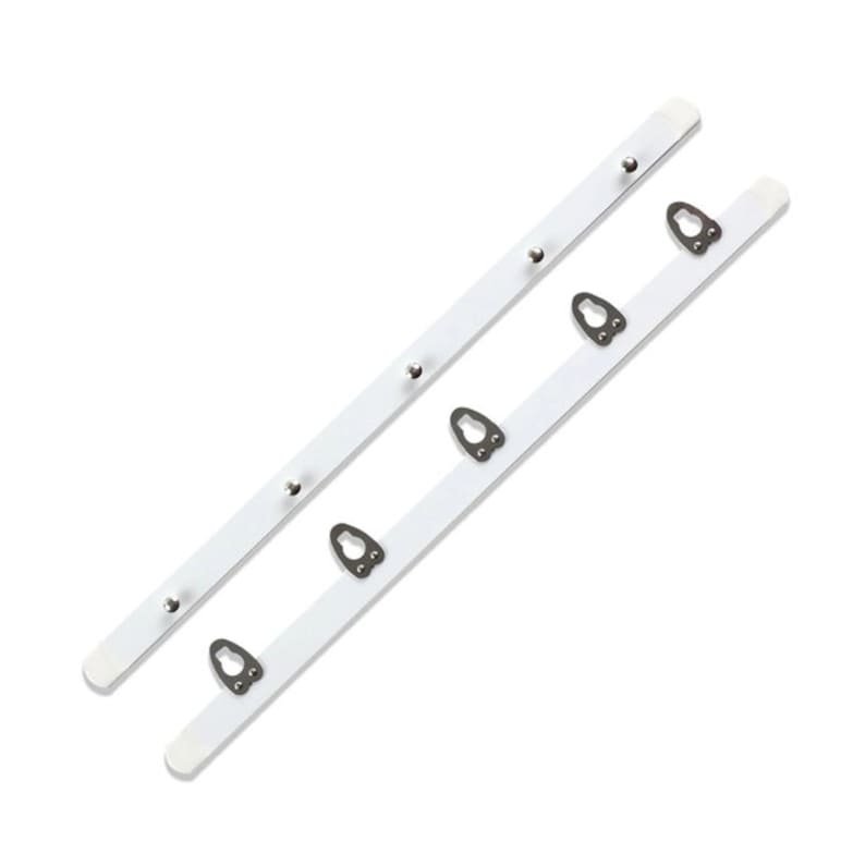 May include: Two white picture hanging rails with metal hardware. Each rail has small silver-colored rivets and metal keyhole hangers for mounting. The rails are designed to hold framed artwork or other wall decor.