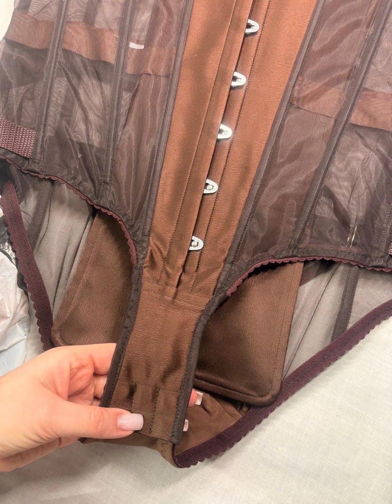 May include: A brown vintage corset with a structured design. The corset features a central panel with metal clasps, sheer mesh side panels, and a dark burgundy trim. The garment is held by a hand.