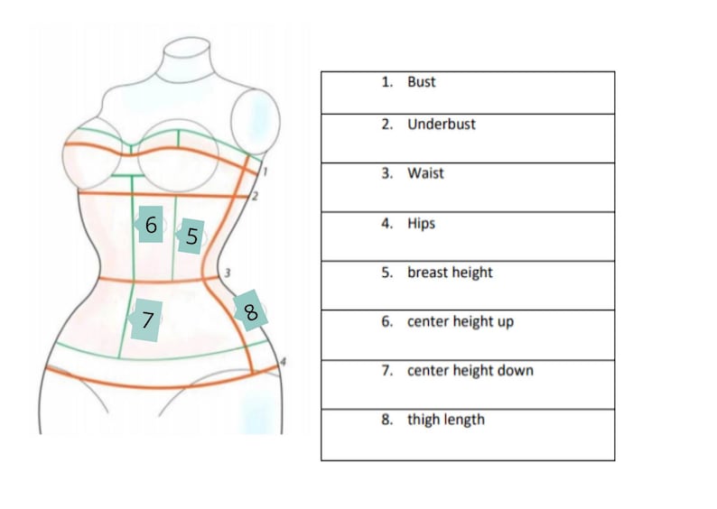 Pode incluir: Diagrama de um corpo feminino com oito medidas etiquetadas com n&uacute;meros. As medidas s&atilde;o: busto, abaixo do busto, cintura, quadris, altura do peito, altura do centro para cima, altura do centro para baixo e comprimento da coxa.