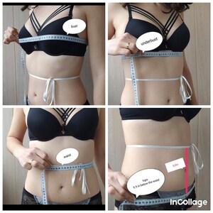 May include: A four-part instructional collage demonstrating body measurements using a blue and white measuring tape and a white ribbon. The images show the bust, underbust, waist, and hips, with the hip measurement labeled as 5.9 inches below the waist.