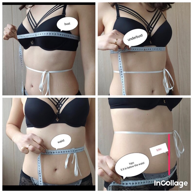 May include: A four-part instructional collage demonstrating body measurements using a blue and white measuring tape and a white ribbon. The images show the bust, underbust, waist, and hips, with the hip measurement labeled as 5.9 inches below the waist.