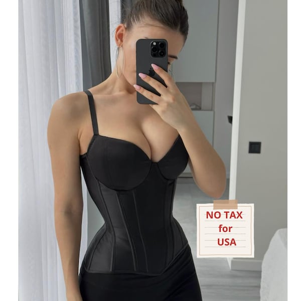 Black Satin Victorian Corset with Cups, Tight Lacing, Custom Made