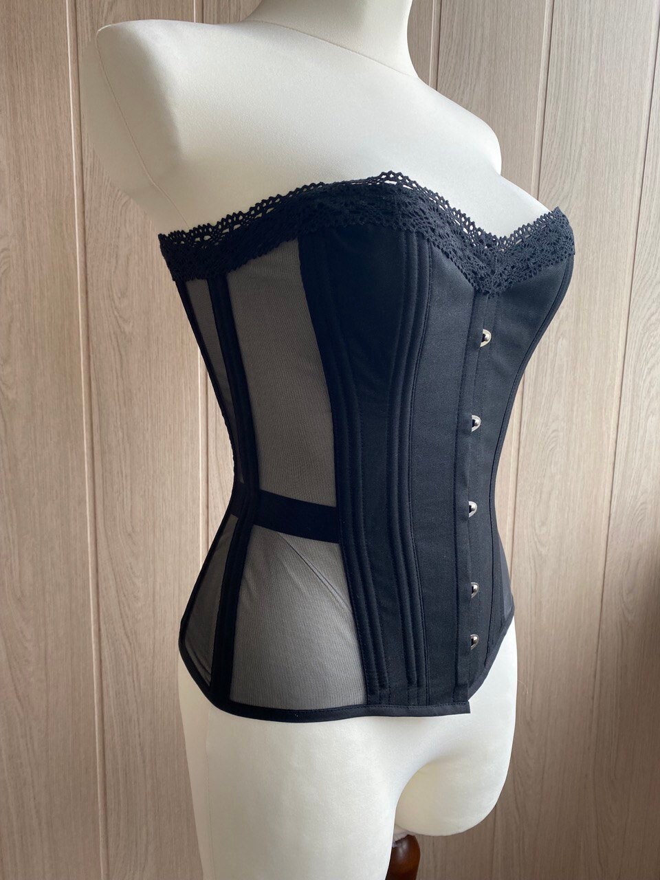 Black Midbust Corset With Lace, Cotton Mesh Corset, Front Busk Lace up ...