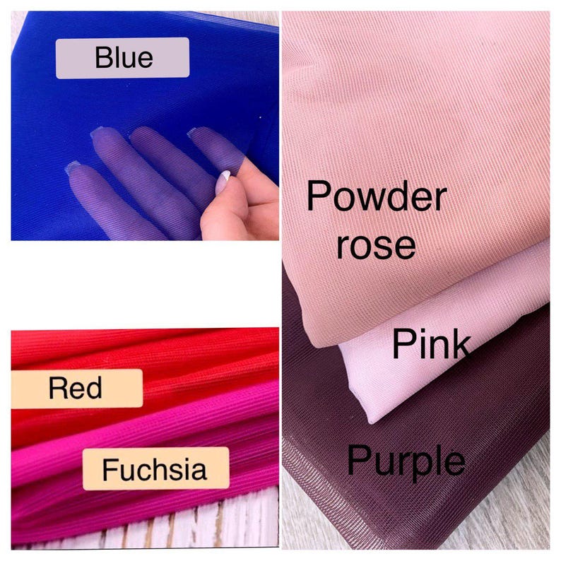 May include: A collection of fabric swatches in various colors, including blue, red, fuchsia, powder rose, pink, and purple. Each swatch is labeled with its corresponding color name in a white rectangular box. The fabrics appear to be sheer and lightweight.