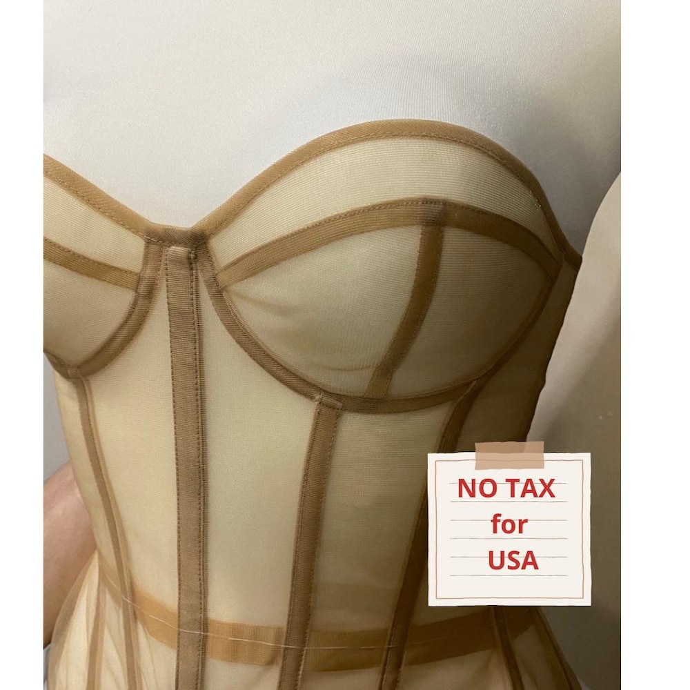 Beige mesh draped corset