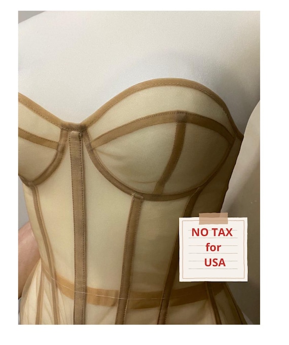 Sheer Beige Mesh Corset with Cups, Custom Transparent Lingerie