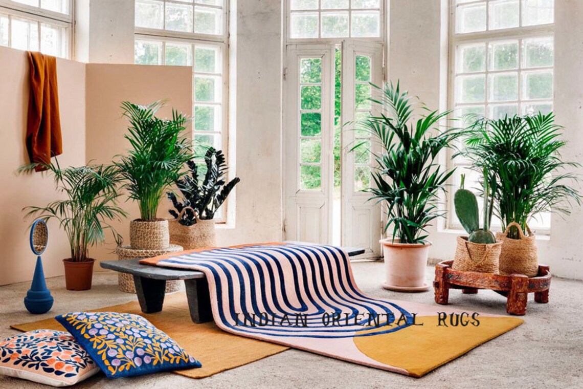 Designer Hand Tufted Pink Gold Area Rug 100 Woolen Rug Etsy