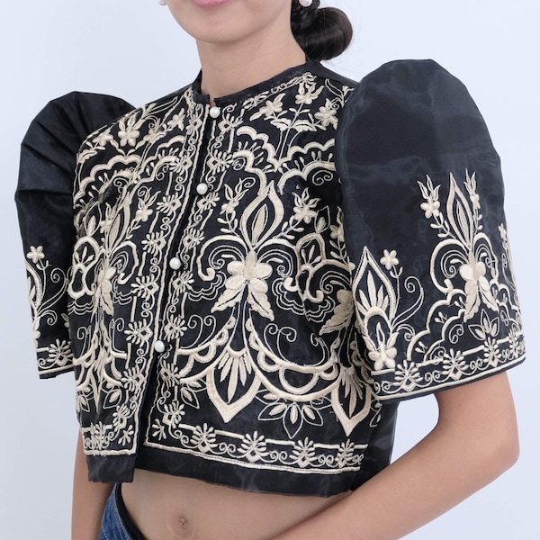 Organza Black Elegant Filipiniana Crop Bolero Full Philippine Embroidery - JB021
