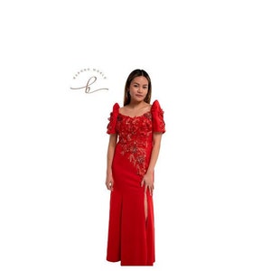Premium Mestiza Red Lace Filipiniana Long Gown - Rosa - MR26