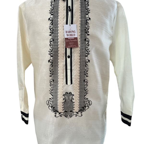 Men's Organza Barong Tagalog with Black and Beige Premium Embroidery - Harry JB31