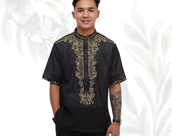 Culture & Style Barong Jusi Black Short Sleeved Barong Tagalog - Edward - JV111