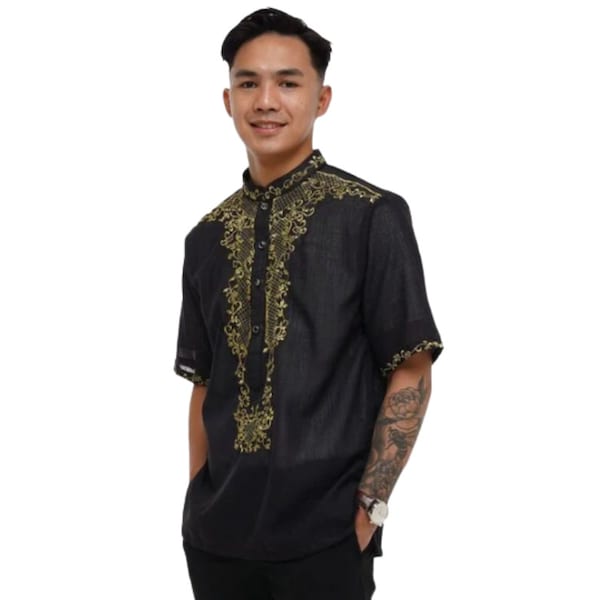 Culture & Style Barong Jusi Black Short Sleeved Barong Tagalog - Edward - JV111