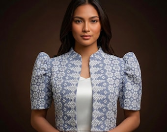 Ilocos Pinilian Handmade Filipiniana Bolero Blue & White - HW033