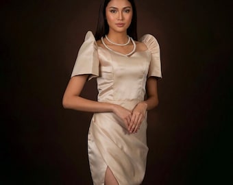 Duchess Beige Modern Filipiniana Dress - Stacy - JB601