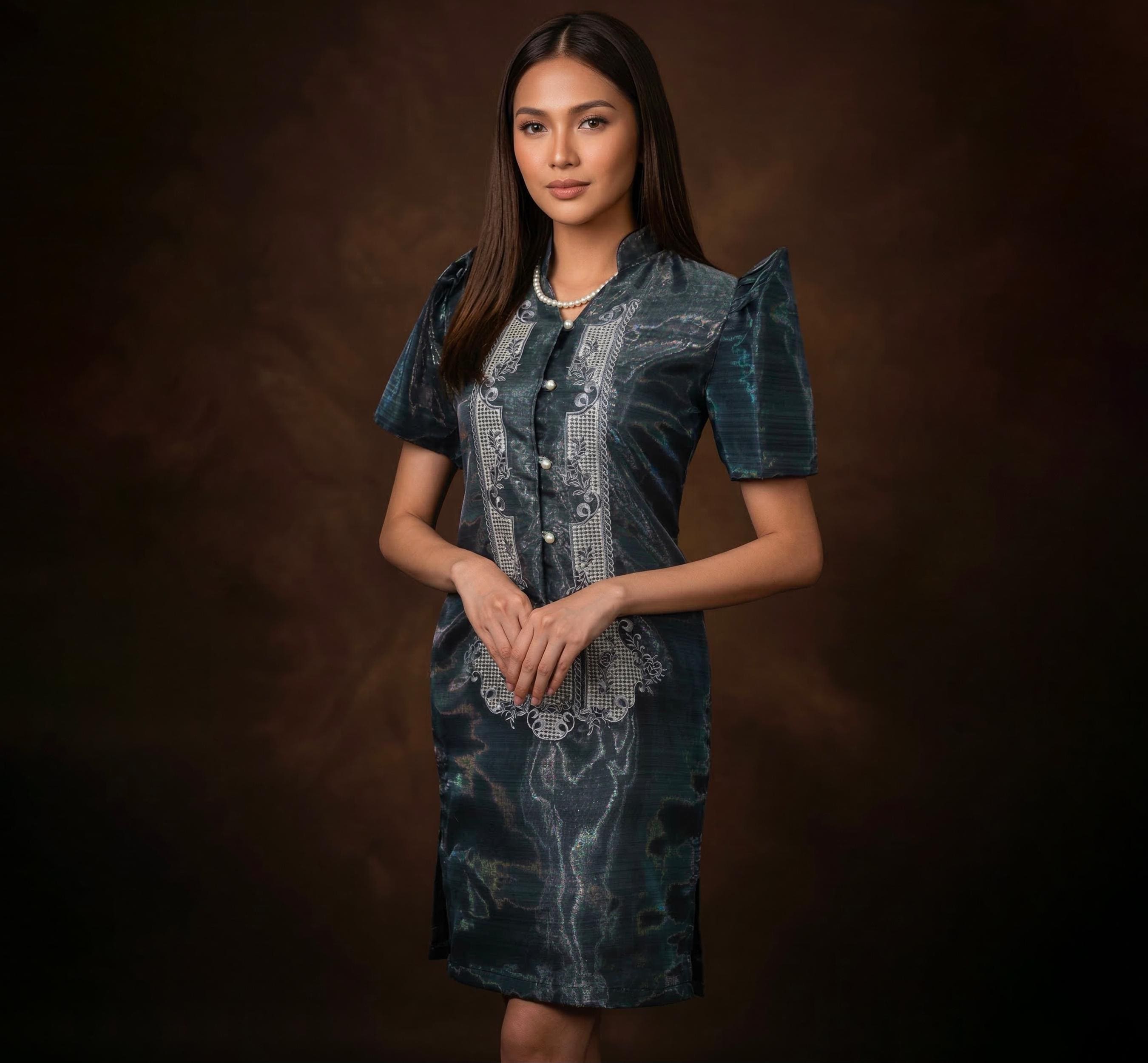 green emerald velvet dress Elegant Magenta Filipiniana Dress - Cornelia main image 0