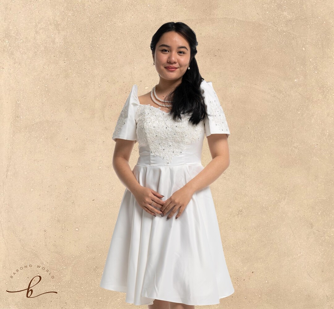 Duchess White Modern Filipiniana Midi Dress Sandra MR512