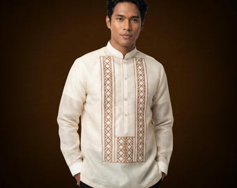 Classic Organza Barong Tagalog with Geometric Brown Embroidery - Raphael - JK51