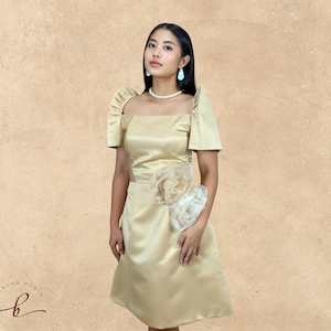 Champagne Rosette Modern Filipiniana Dress - Ayah - JB113