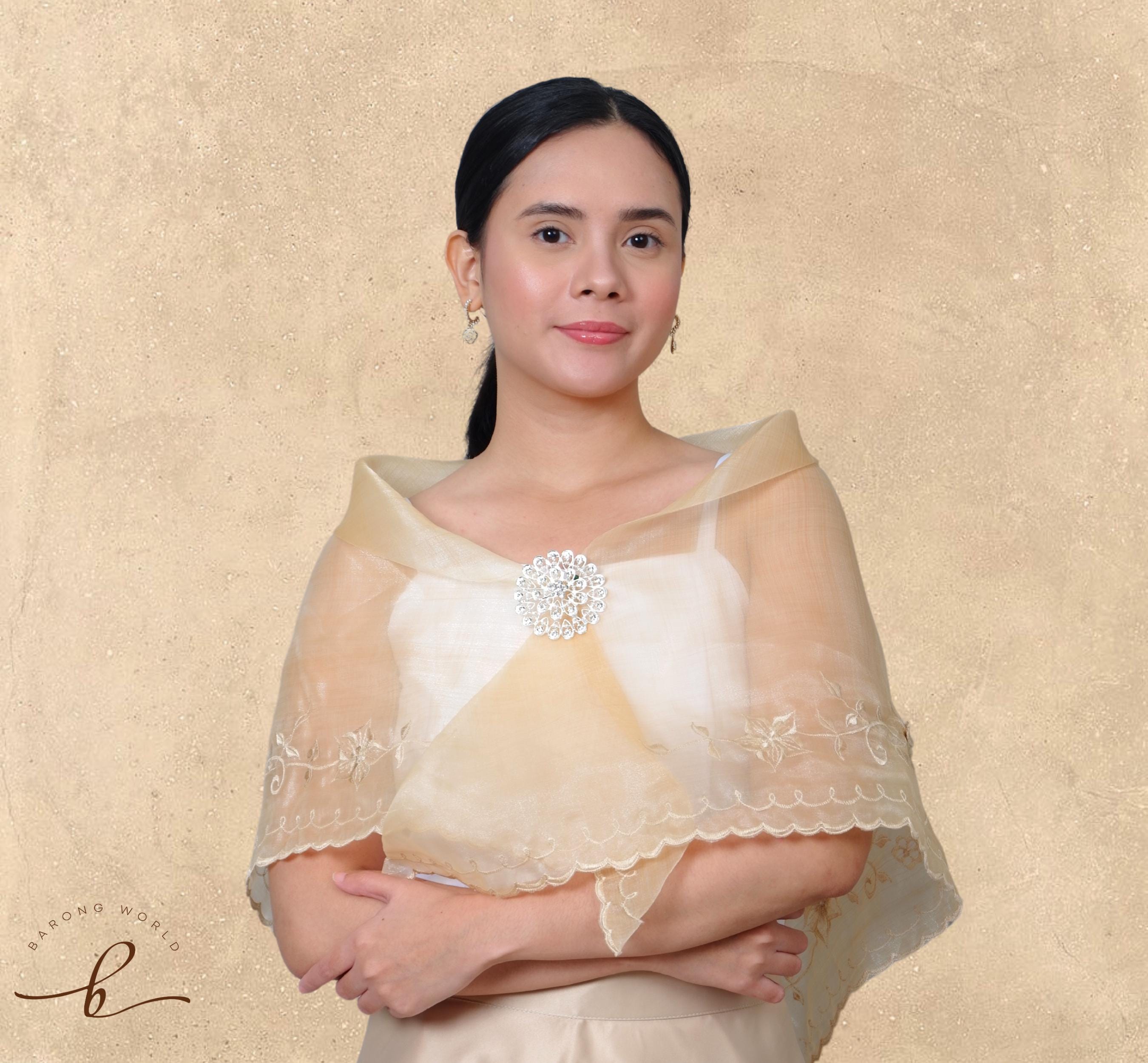 Beige Organza Alampay Shawl with Brooch - Elegant Filipiniana