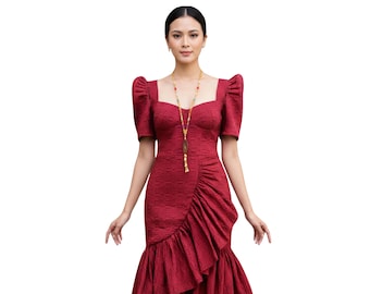 Handwoven Red Kundiman Pinilian Filipiniana Dress - Kyla - DM07