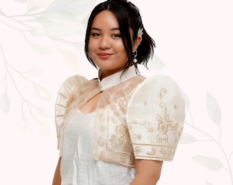 Boléro philippin en organza beige : tenues de soirée fabriquées à la main